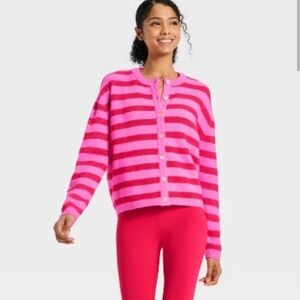 JoyLab Button-Up Cardigan Sweater - Neon Pink/Red Stripe S